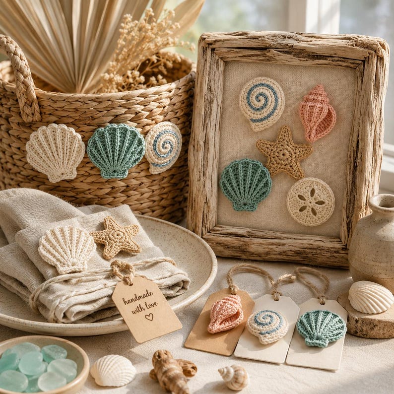 May include: A collection of crocheted seashell and starfish decorations in shades of cream, teal, and pink. The set includes a woven basket, a framed display, linen napkins with a tag reading handmade with love, and three gift tags with attached shells.