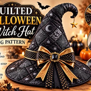 Patron de couture pour chapeau de sorcière matelassé d'Halloween | Chapeau de sorcière gothique noir et or (PDF) | Chapeau de sorcière matelassé envoûtant avec nœud