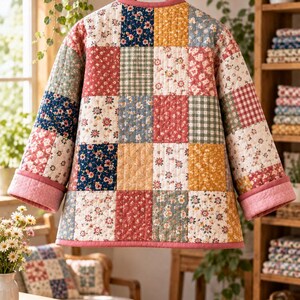 K&ouml;nnte beinhalten: Eine lang&auml;rmelige Steppjacke mit einem Patchwork-Design aus verschiedenen Blumen- und Vichy-Karomustern in Rot-, Blau-, Gelb- und Gr&uuml;nt&ouml;nen. Das Kleidungsst&uuml;ck hat einen einfarbigen rosa Saum am Halsausschnitt, an den &Auml;rmelb&uuml;ndchen und am unteren Rand.