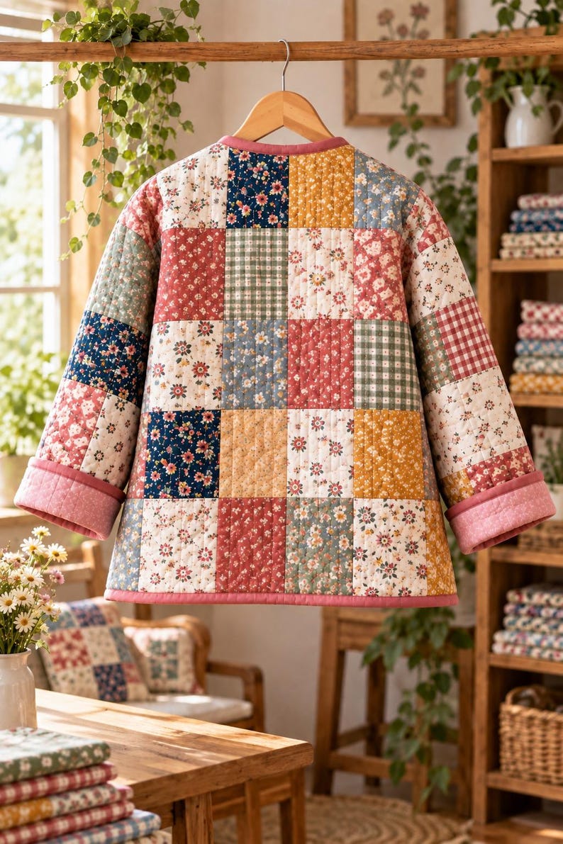 K&ouml;nnte beinhalten: Eine lang&auml;rmelige Steppjacke mit einem Patchwork-Design aus verschiedenen Blumen- und Vichy-Karomustern in Rot-, Blau-, Gelb- und Gr&uuml;nt&ouml;nen. Das Kleidungsst&uuml;ck hat einen einfarbigen rosa Saum am Halsausschnitt, an den &Auml;rmelb&uuml;ndchen und am unteren Rand.