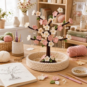 May include: A brown crocheted jewelry tree with a circular base, decorated with white and pink crocheted cherry blossom flowers and small green leaves. The tree branches hold various gold-toned necklaces and earrings, while the base holds rings.