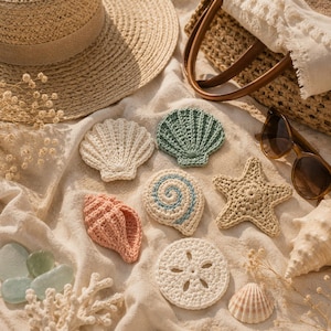 May include: A collection of crocheted sea-themed appliques including a white scallop shell, a sage green shell, a pink conch, a spiral shell with blue stitching, a beige starfish, and a white sand dollar, arranged on a textured fabric surface.