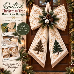 May include: A quilted Christmas tree bow door hanger sewing pattern featuring a large cream-coloured fabric bow with gold snowflake embroidery, green pine branches, pinecones, and a white jingle bell. Includes instructional photos for cutting, quilting, and assembly.