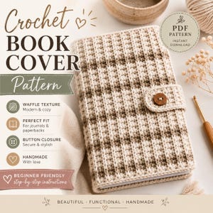 Peut inclure: Une couverture de livre au crochet avec une texture gaufrée en rayures alternées beige et marron. La couverture comprend une petite patte avec un bouton en bois marron. Le texte sur l'image indique Crochet BOOK COVER Pattern, PDF PATTERN, et plus.