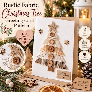 Puede incluir: Una tarjeta de felicitación con un patrón de costura DIY para un árbol de Navidad hecho de tiras de tela superpuestas en tonos beige y marrón, decorado con botones de madera y una estrella. La tarjeta incluye el texto Merry Christmas y un corazón.