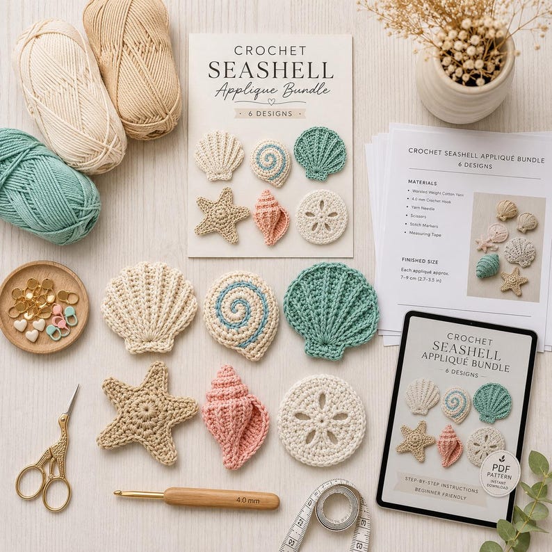 Crochet Seashell Appliqué Pattern Bundle PDF | 6 Coastal Shell Designs, Starfish & Conch | Beach Crochet Set, Digital Download English image 6