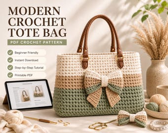 Modern Crochet Tote Bag Pattern PDF | Boho Crochet Shoulder Bag Pattern with Bow | Beginner Friendly Digital Download, US Terms