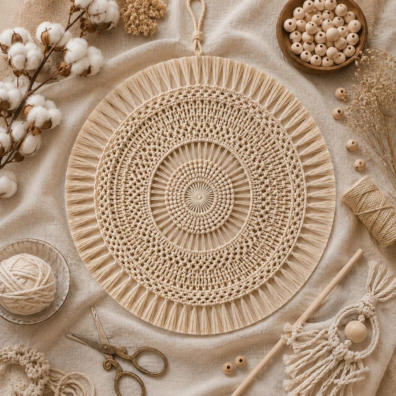 Mandala Wall Hanging Crochet Pattern PDF, Macrame Look Round Boho Wall Decor, Sunburst Fringe, US Terms, Beginner Friendly image 7