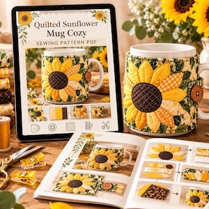 May include: A quilted sunflower mug cozy sewing pattern PDF displayed on a tablet and an open instruction booklet. The cozy features a large yellow sunflower applique on a green fabric base with a brown button closure on a white ceramic mug.