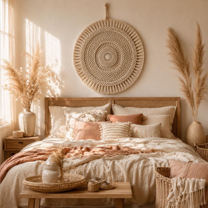 May include: A large circular macrame wall hanging with intricate knotted patterns hangs above a bed dressed in layered beige and terracotta linens. The room features two tall vases filled with dried pampas grass and a wooden bench with a woven tray.