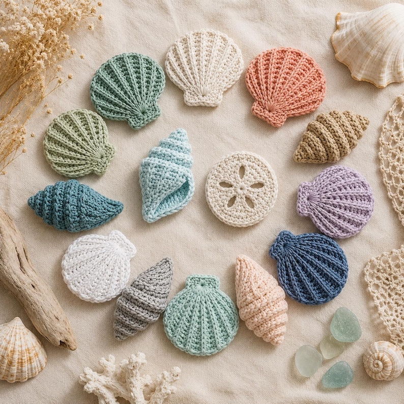 May include: A collection of crocheted seashell and sand dollar appliques in various colors including sage green, cream, peach, light blue, lavender, white, and gray, arranged in a circular pattern alongside natural seashells and driftwood.