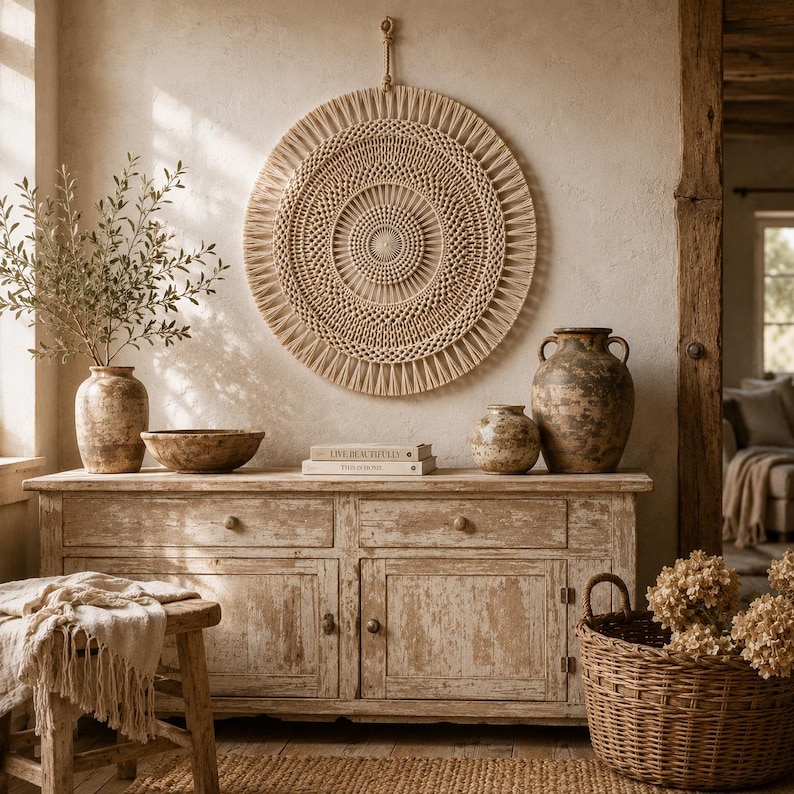 May include: A large circular beige macrame wall hanging with intricate knotted patterns, displayed above a weathered wooden sideboard. The sideboard holds two ceramic vases, a bowl, and two books titled Live Beautifully and This Is Home.