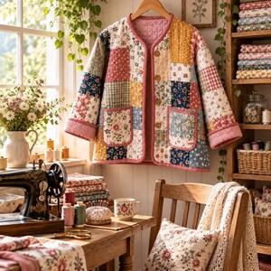 K&ouml;nnte beinhalten: Eine lang&auml;rmelige Steppjacke mit einem Patchwork-Design aus verschiedenen Blumen- und Vichy-Karomustern in Rosa-, Gelb-, Blau- und Wei&szlig;t&ouml;nen. Die Jacke hat einen Rundhalsausschnitt, eine Knopfleiste mit vier Kn&ouml;pfen auf der Vorderseite und zwei Taschen.