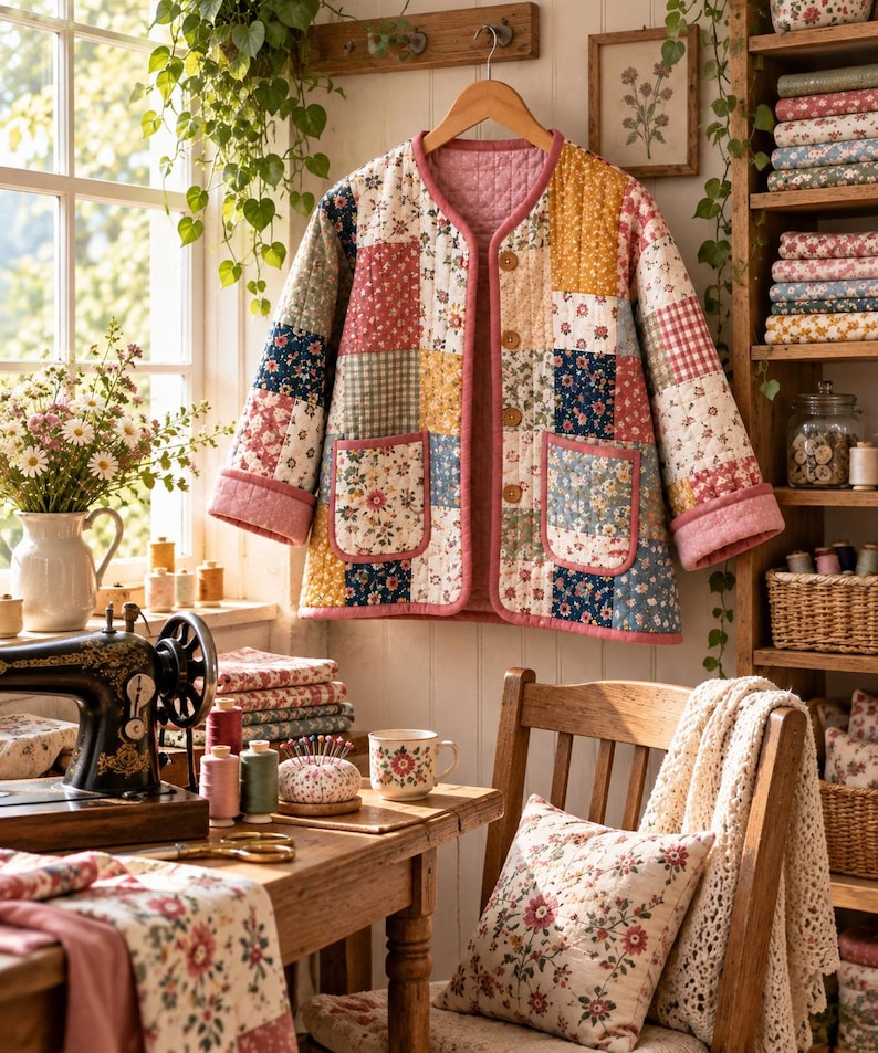 K&ouml;nnte beinhalten: Eine lang&auml;rmelige Steppjacke mit einem Patchwork-Design aus verschiedenen Blumen- und Vichy-Karomustern in Rosa-, Gelb-, Blau- und Wei&szlig;t&ouml;nen. Die Jacke hat einen Rundhalsausschnitt, eine Knopfleiste mit vier Kn&ouml;pfen auf der Vorderseite und zwei Taschen.