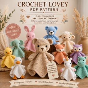 Baby Lovey Crochet Pattern PDF | Crochet Security Blanket Pattern | Amigurumi Animal Lovey | Baby Comforter Pattern, Easy Download
