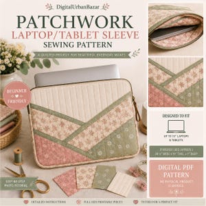 Pode incluir: Um molde de costura para capa acolchoada de portátil ou tablet com design patchwork em tecidos florais creme, verde sálvia e rosa velho. A capa tem fecho de correr para dispositivos até 13 polegadas, com tamanho final de 52 cm de largura, 48 cm de altura e 2,5 cm de profundidade.