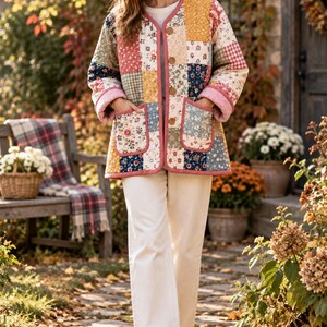 K&ouml;nnte beinhalten: Eine gesteppte Jacke mit einem Patchwork-Design aus verschiedenen Blumen- und Vichy-Karomustern in Rosa-, Gelb-, Blau- und Gr&uuml;nt&ouml;nen. Die Jacke hat einen Rundhalsausschnitt, lange &Auml;rmel mit Umschlagb&uuml;ndchen, drei braune Kn&ouml;pfe und zwei Vordertaschen.