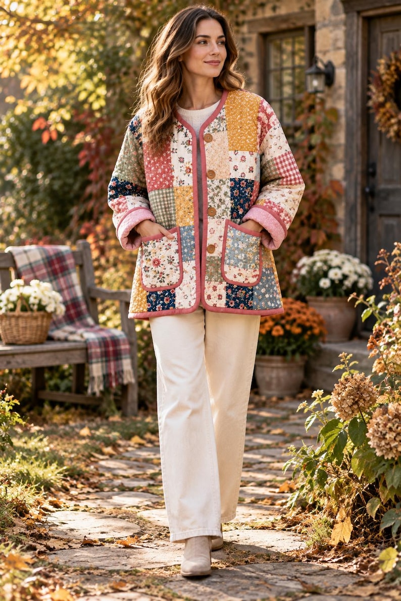 K&ouml;nnte beinhalten: Eine gesteppte Jacke mit einem Patchwork-Design aus verschiedenen Blumen- und Vichy-Karomustern in Rosa-, Gelb-, Blau- und Gr&uuml;nt&ouml;nen. Die Jacke hat einen Rundhalsausschnitt, lange &Auml;rmel mit Umschlagb&uuml;ndchen, drei braune Kn&ouml;pfe und zwei Vordertaschen.