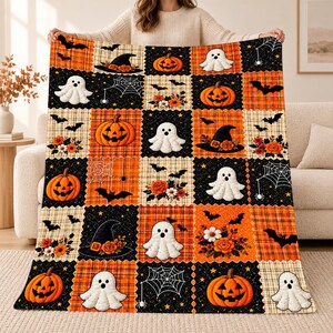Halloween Patchwork Flannel Blanket, Orange And Black Halloween Decor, Halloween Gift