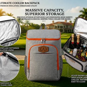 Könnte beinhalten: Ein grauer Kühler-Rucksack mit orangefarbenen Reißverschlüssen und einem braunen Leder-Patch mit dem Buchstaben A. Das Innere hat ein silbernes Isolierfutter mit Schneeflockenmuster. Text: ULTIMATE COOLER BACKPACK, MASSIVE CAPACITY, SUPERIOR STORAGE.