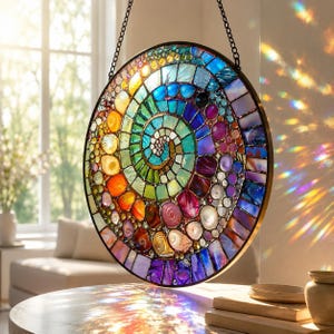 Glas-in-lood spiraalvormige zonnevanger, raamdecoratie kuststrand, levendig maritiem ornament