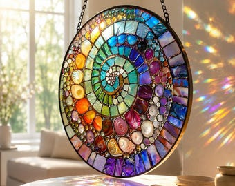Buntglas-Shell-Spiral-Suncatcher, Küstenstrand-Fensterdekor, lebendige maritime Verzierung