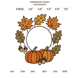 Autumn Pumpkin Wreath Embroidery Design, Fall Monogram Frame Machine Embroidery File PES DST EXP