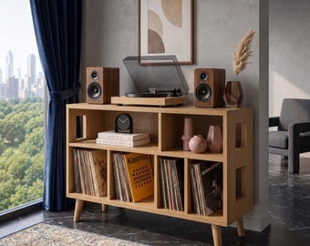 Record Player Stand with Vinyl Storage, Turntable Station, Mid Century Modern Media Console, Vinyl Record Cabinet, Walnut Oak Chestnut Green