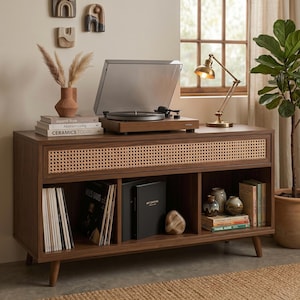 Mid Century Cane Drawer Record Player Stand, Rattan Vinyl Storage Cabinet