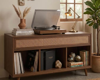 Mid Century Cane Drawer Record Player Stand, Rattan Vinyl Storage Cabinet, Custom Wood Turntable Console, Open Cubby Media Sideboard