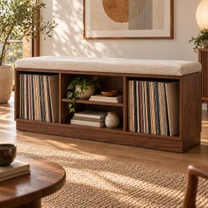 May include: A rectangular wooden storage bench with a beige upholstered seat cushion. The base features two large side compartments filled with vinyl records and a central section with two shelves holding books, a small plant, and a jar.