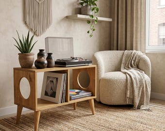 Soporte para tocadiscos de estilo moderno de mediados de siglo, mueble para guardar vinilos, mesa consola multimedia, estantería de madera.