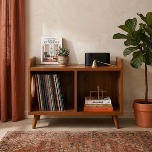 Mid Century Record Player Stand, Circle Cutout Vinyl Storage Console