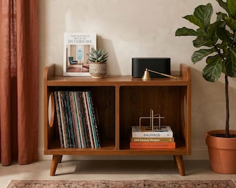 Mid Century Record Player Stand, Circle Cutout Vinyl Storage Console