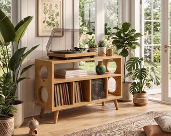 Solid Wood Turntable Stand, Vinyl Record Player Cabinet, Mid Century Modern Record Storage Unit, LP Holder Furniture, Audio Console Stand