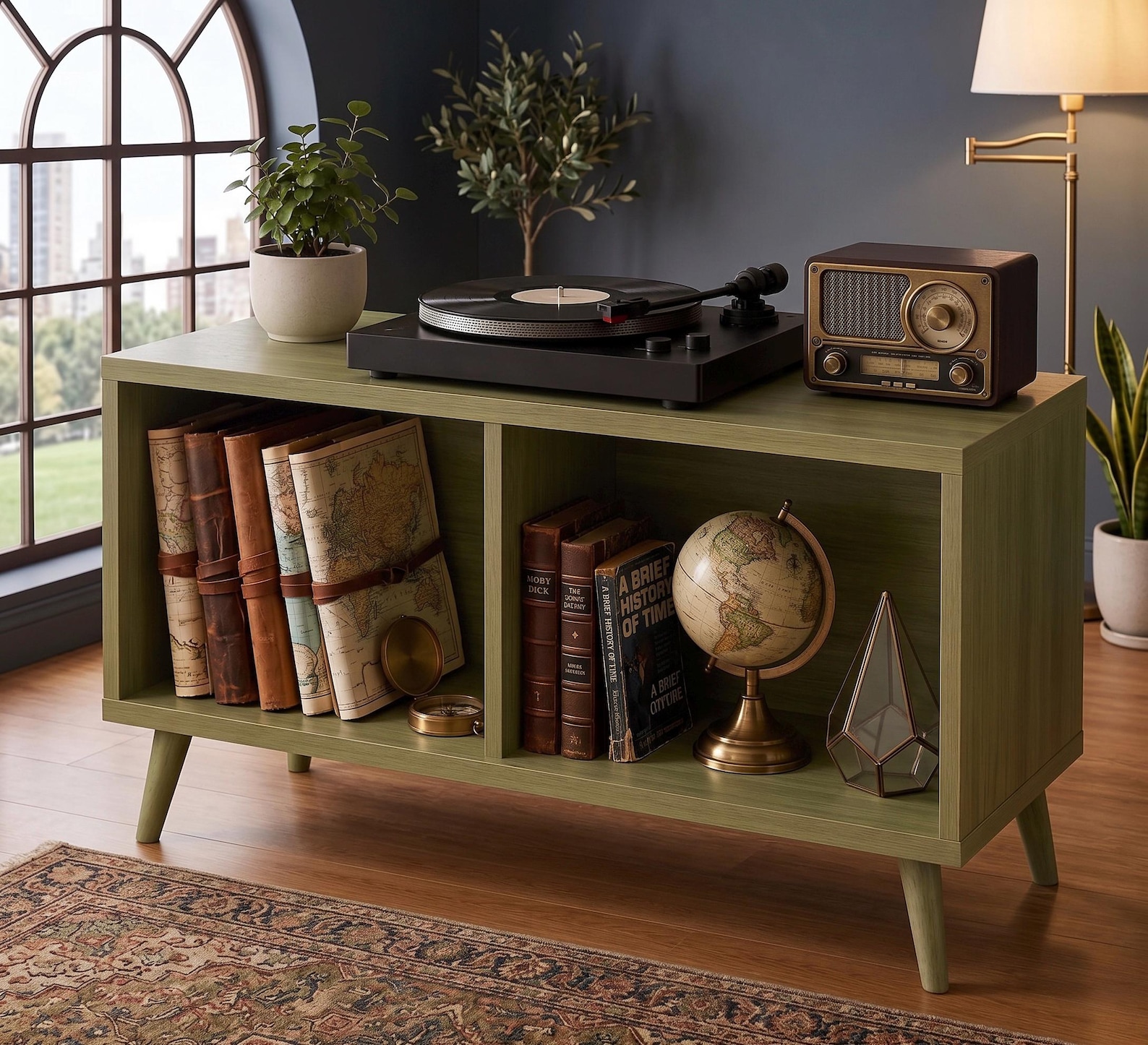 Mid Century Wood Turntable Console, Vinyl Storage Cabinet, Open LP Shelf