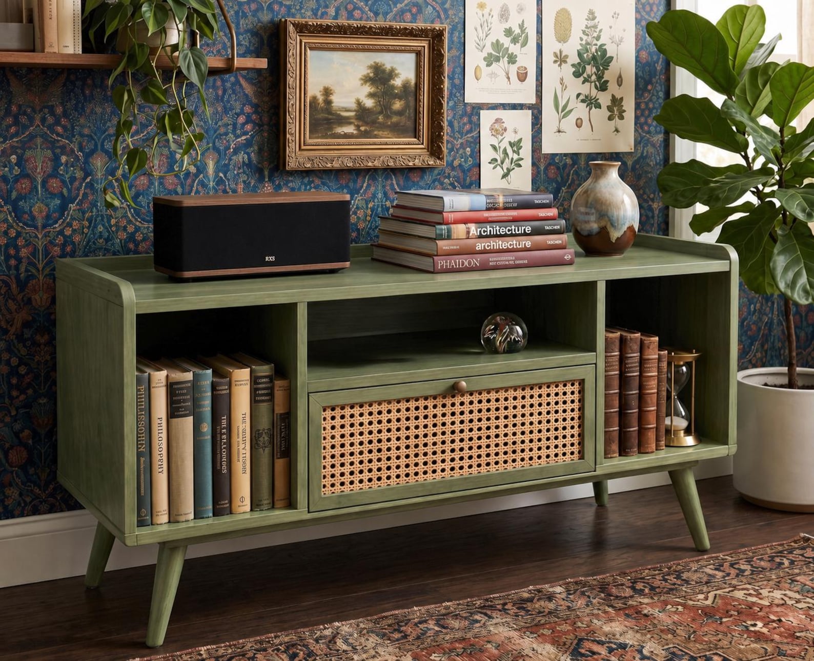 Mid Century Cane Media Console, Boho Wood TV Stand, Vinyl Storage Cabinet
