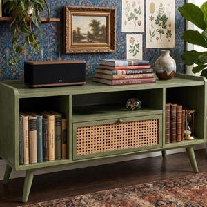 Mid-century rieten mediameubel, boho houten tv-standaard, vinyl opbergkast