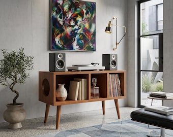 Light Wood Record Player Stand with Vinyl Storage Mid Century Turntable Cabinet 60 to 100cm Media Console Open Shelves