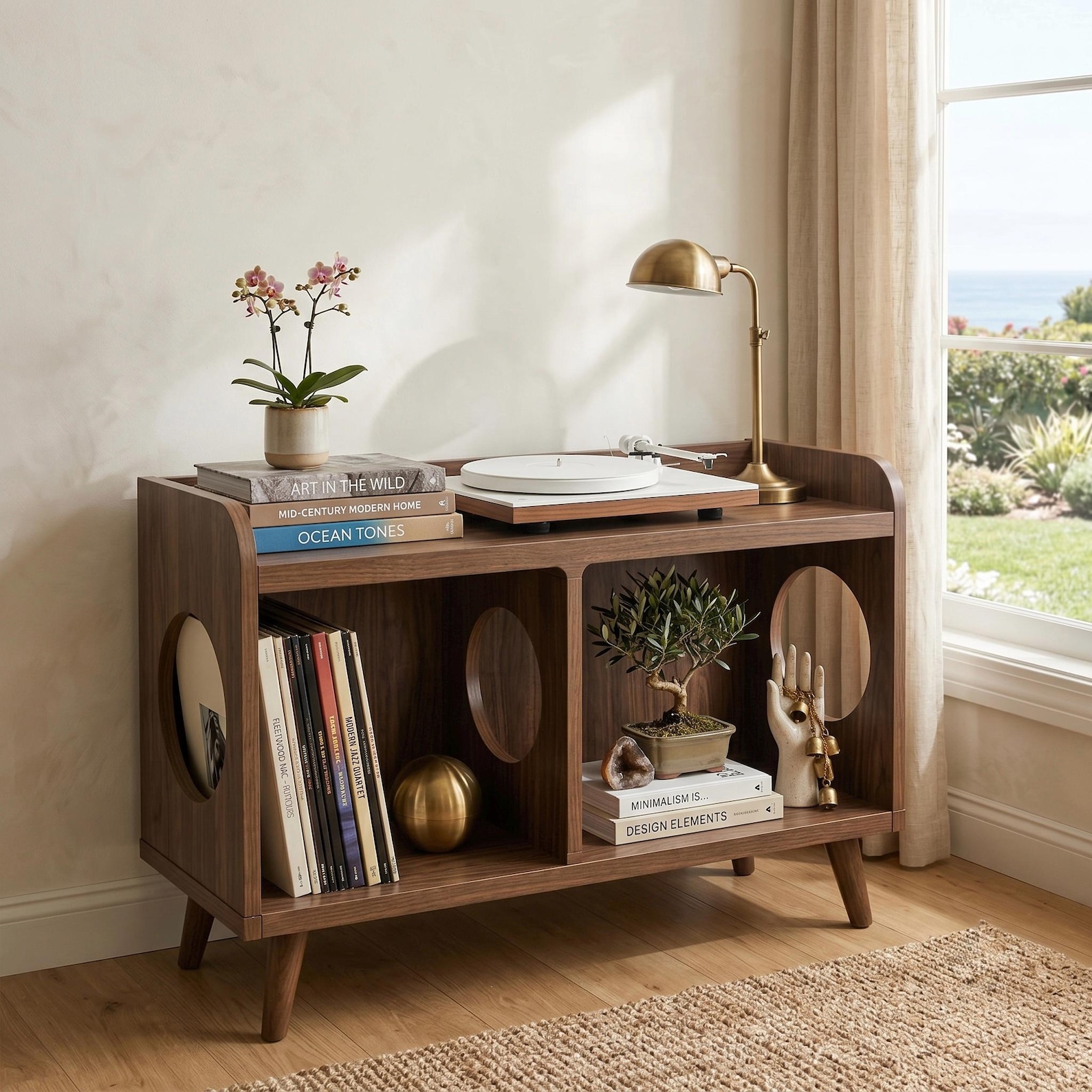 Mid Century Record Player Stand, Walnut Vinyl Storage Cabinet, Boho Media Console Shelf