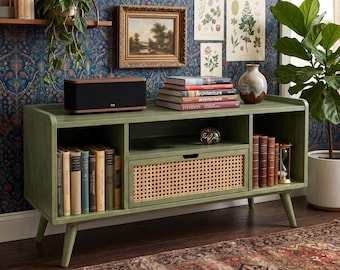 Rattan Record Player Stand, Mid Century Media Console, Custom Wood TV Cabinet, Cane Vinyl Storage Shelf, Custom Boho Living Room Furniture