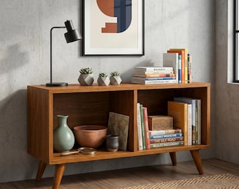 Record Player Stand with Vinyl Storage, Turntable Station, Mid Century Modern Media Console, Vinyl Record Cabinet, Walnut Oak Chestnut Green