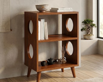 Mueble para guardar discos de vinilo de mediados de siglo, estantería redonda estilo bohemio con recortes, varios colores.
