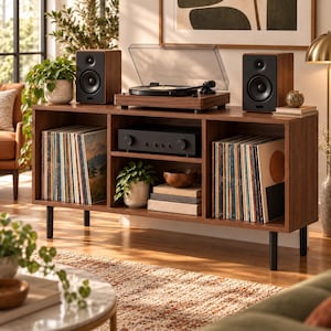 May include: A walnut-finished media console with black legs, featuring a turntable, two speakers, and an amplifier on top. The unit has three open storage compartments filled with vinyl records, a small potted plant, and stacked books.