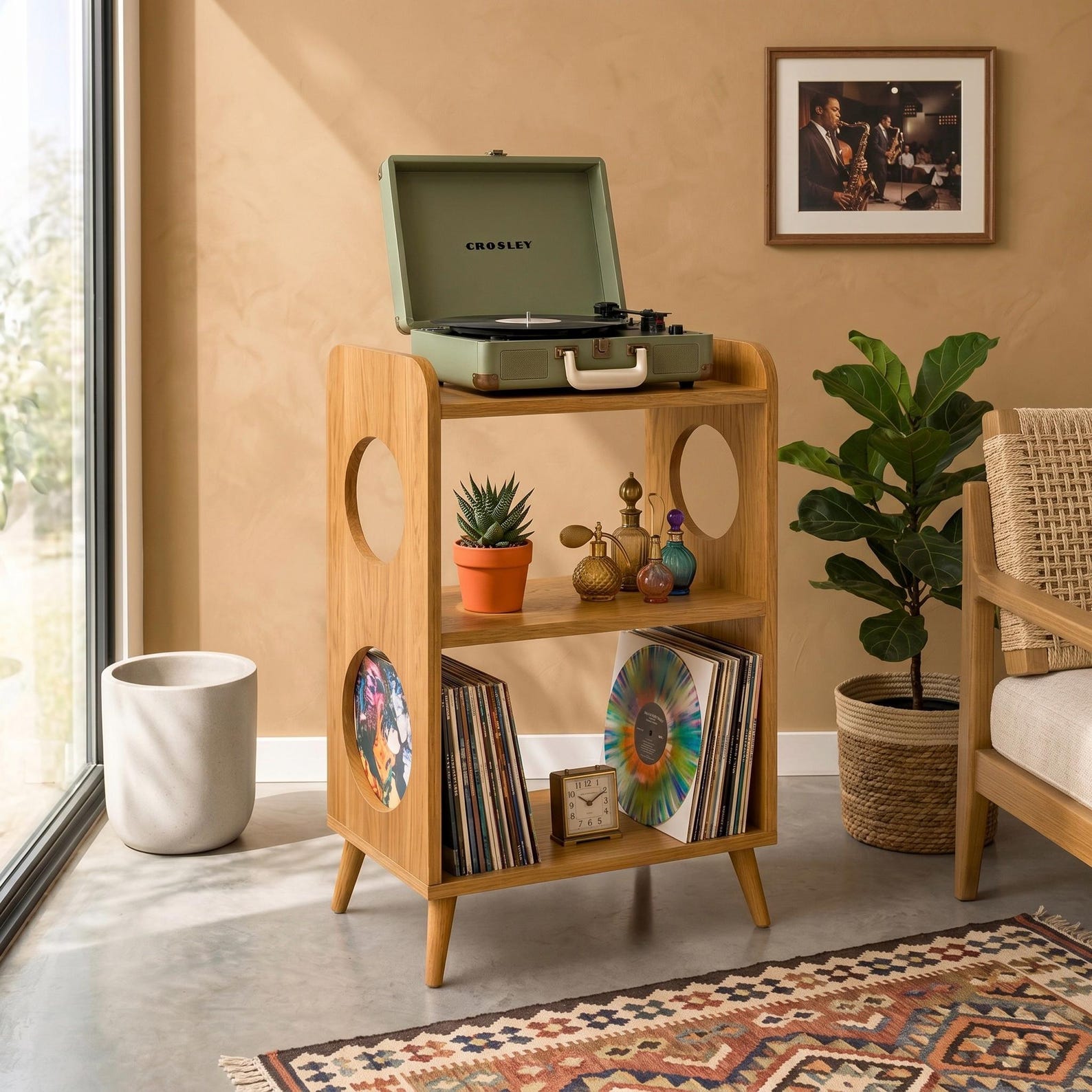 Light Wood Record Player Stand, Mid Century Vinyl Storage Cabinet, LP Organizer Shelf