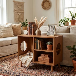 May include: A wooden cat house side table with a rectangular frame, four tapered legs, and circular side cutouts. The interior features a cozy nook with a cream-colored knit blanket, while the upper shelves hold books, a potted succulent, and a picture frame.