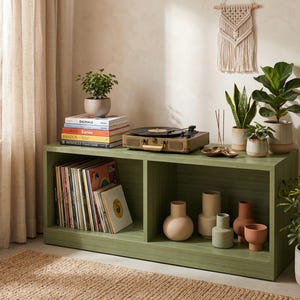 May include: A sage green two-compartment wooden media console featuring a portable record player, a stack of books, and a potted plant on top. The left shelf holds vinyl records, while the right shelf displays five assorted ceramic vases.