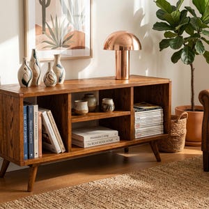 Mid Century Record Player Stand, Vinyl Storage Cabinet, Custom Wood LP Shelf