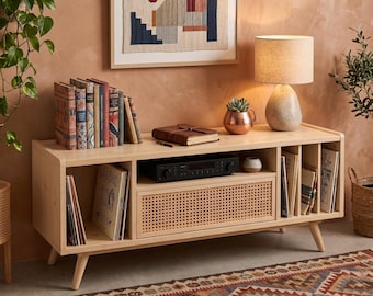 Mid Century Cane Media Console, Record Player Stand, Cane TV Stand, Custom Solid Wood Vinyl Storage Cabinet, Boho Living Room