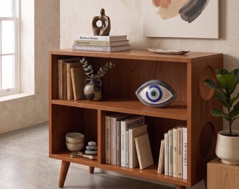 Moderne boekenplank uit het midden van de eeuw, vinyl opbergkast, mediaconsole, Scandinavische boho-meubels